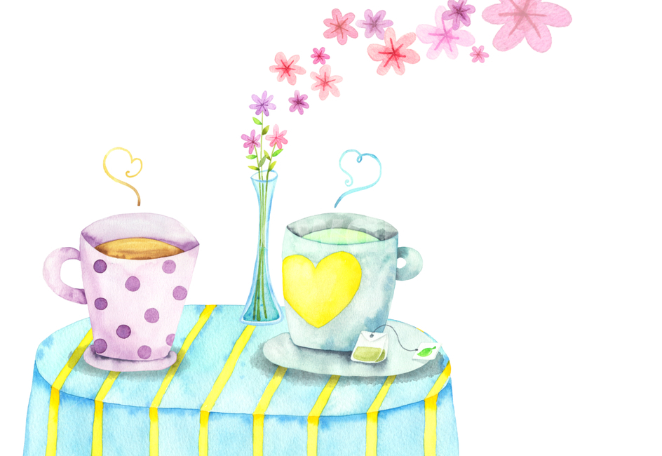 커피,녹차,차,tea,테이블,화병,꽃병,봄,여유,카페,여름,소품,꽃,수작업,수채화,손그림,일러스트,감성,커피숍,플로랄,티타임,그래픽,일러스트레이션,graphic,illustration