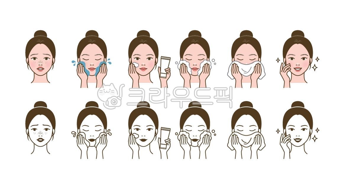 세수,세안,클렌징,폼클렌징,거품,스킨케어,뷰티,피부,미용,관리,코스메틱,피부관리,예쁜,아름다운,여자,여성,사람,인물,얼굴,캐릭터,beauty,cosmetic,skincare,face,일러스트,그래픽,아이콘,라인일러스트,라인,illustration,icon,세트,sets,화장품,제품,eps,벡터,vector