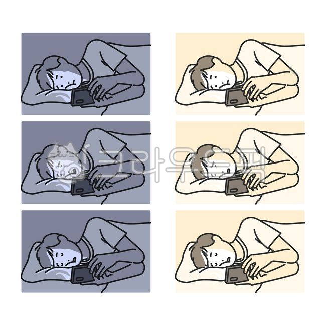 휴대폰,스마트폰,핸드폰,취침,수면,도파민,수면방해,중독,인터넷중독,휴대폰중독,스마트폰중독,전자파,현대인,mz세대,잠,늦잠,침대,잠자리,이부자리,사람,일러스트,자는사람,자는모습,남성,남자
