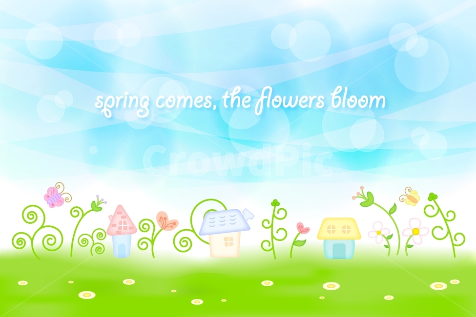 꽃,나비,집,들판,하늘,봄,일러스트,봄,계절,spring,season,그래픽,일러스트레이션,graphic,illustration,art,미술