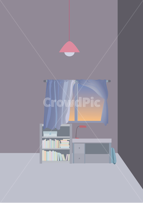 책상,창문,노을,방안,일러스트,방구석,커틍,책장,인테리어,실내디자인,interior design,그래픽,일러스트레이션,graphic,illustration