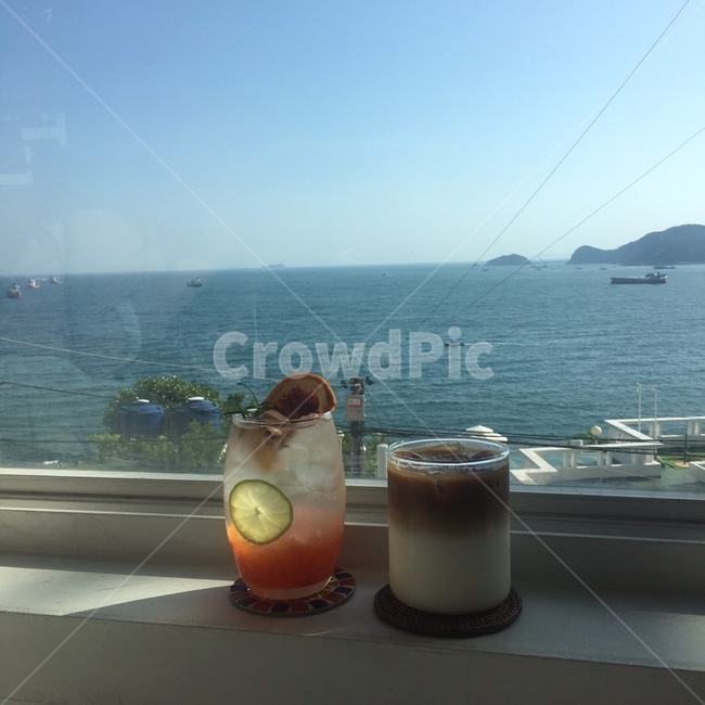 카페,음료,커피,에이드,바다,하늘