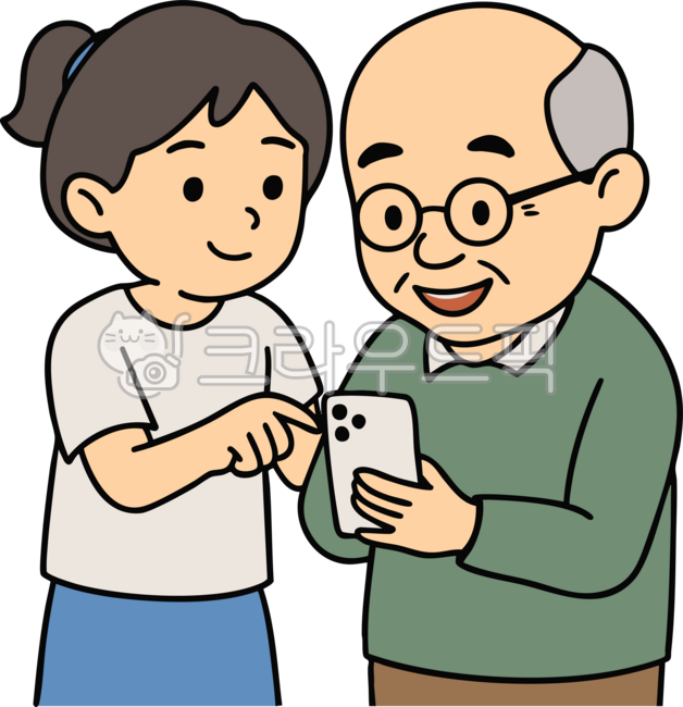 Grandfather,grandfather and granddaughter,granddaughter,grandfather character,grandfather looking at smartphone,grandfather learning smartphone,grandfather learning cell phone,smartphone use,senior,senior smartphone,elderly smartphone,elderly e