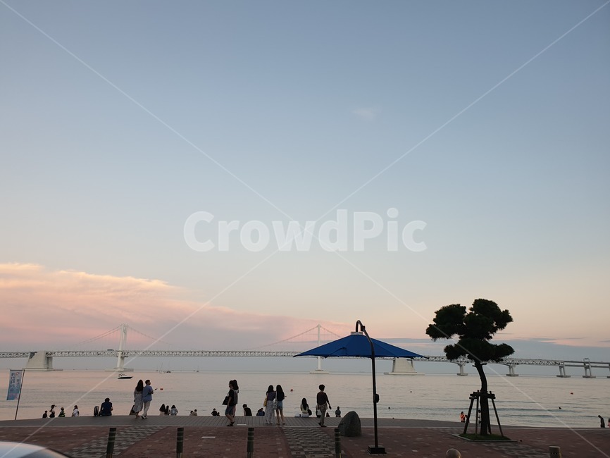 바다,풍경,파라솔,대교,바닷가앞,사람들,대중,군중,other people,crowd