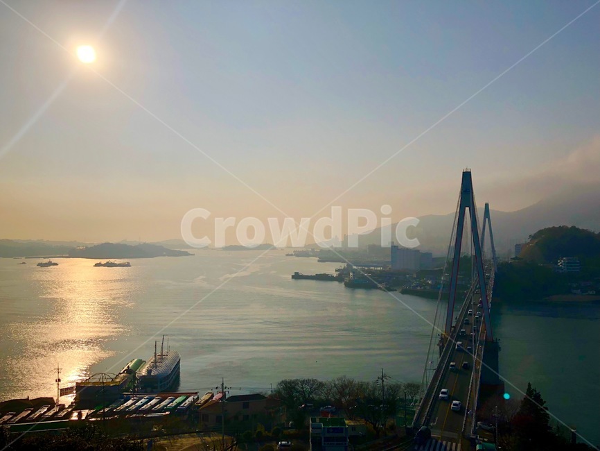 풍경,햇빛,바다,다리,배,호수,산,섬,대교,일몰,일출