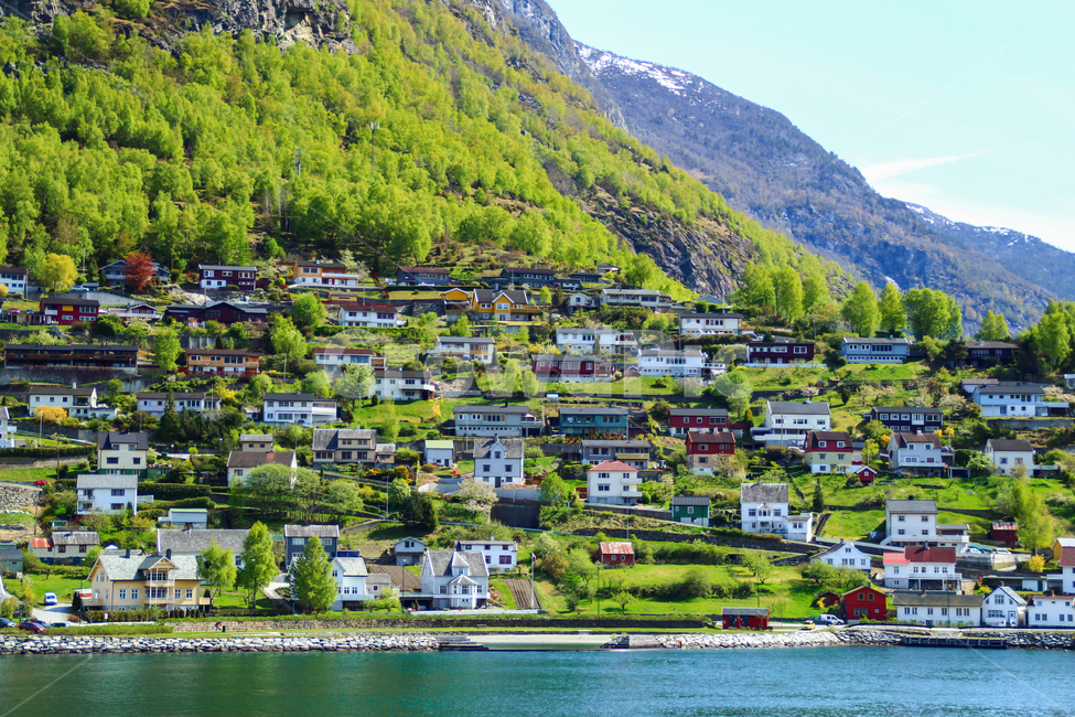 blue sky,small village,city,magnificent,cute,spring,Sognefjord,beautiful,fjord,mountain,foot of the mountain,Aurlandfjord,small town,scandinavia,sight,bottom of a mountain,europe,picturesque,sky,Cliff,green,nature,everyone,countryside,icecap,fairy tale vi