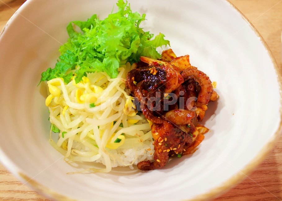 쭈꾸미,콩나물,상추,그릇,맛있는,식사,배고픔,비빔밥,매콤,점심,간단