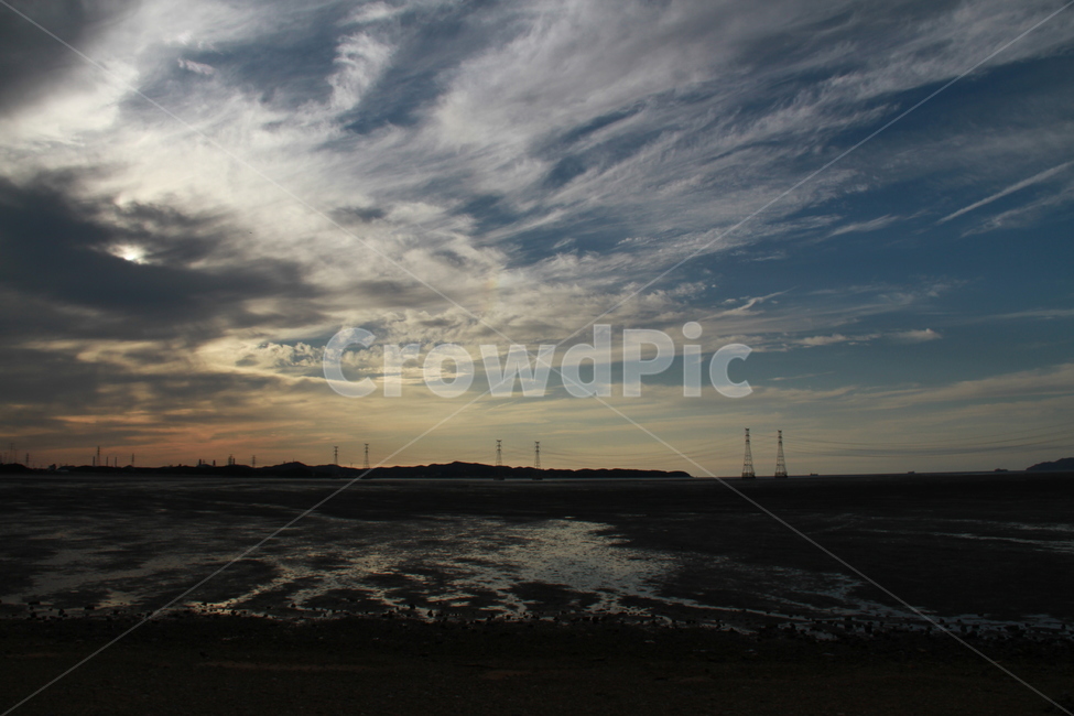 갯벌,자녁,하늘,구름,전신주,자연,풍경,nature,landscape,outdoors,옥외,sky