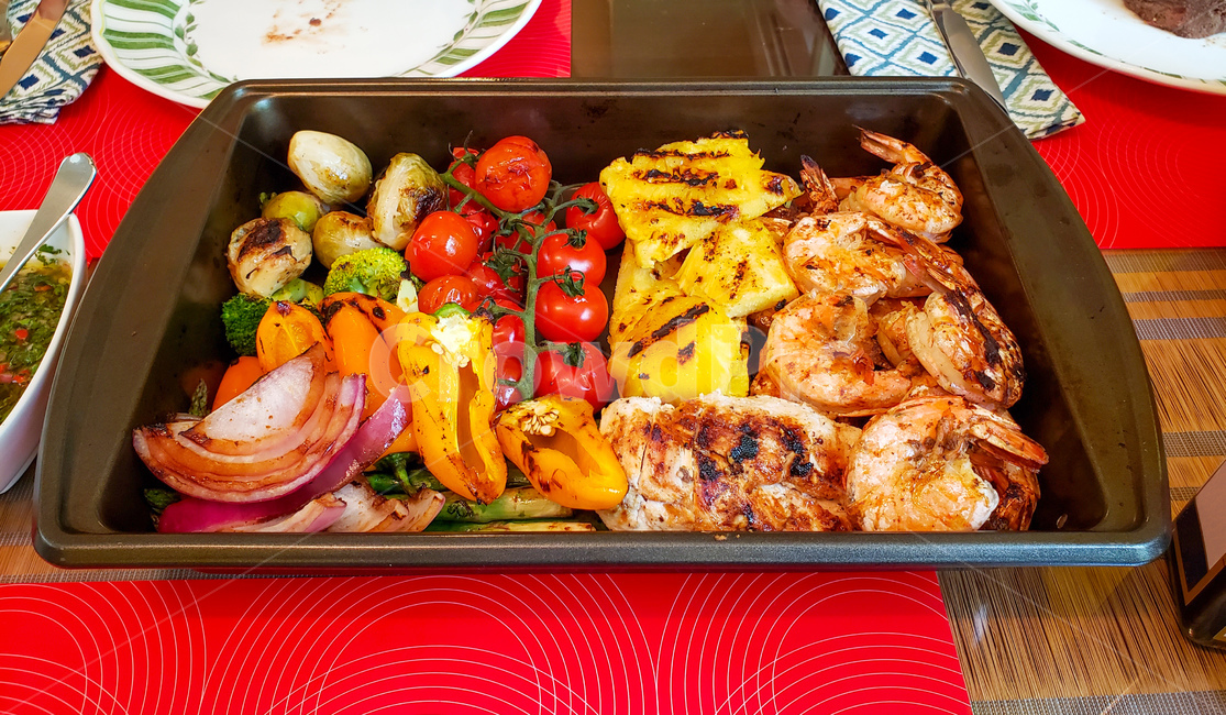 shrimp,Roasted Brussels Sprouts,onion,broccoli,Roasted Tomatoes,Roasted Paprika,tomato,Brussels Sprouts,Grilled Onion,food,Grilled Shrimp,Roasted Broccoli,paprika,pineapple,Grilled Pineapple