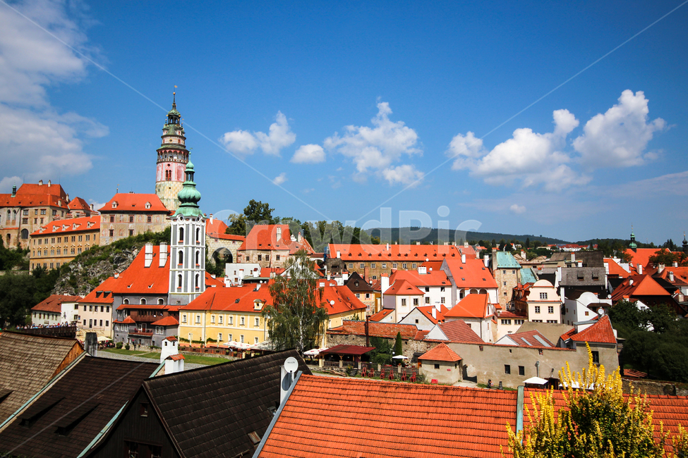 sky,European fairy tales,historic district,Fairytale,orange roof,Middle Ages,history,medieval city,Orange,fairy tale city,cloud,Czech Republic,culture,european village,unesco,barber,river,red roof,Cesky Krumlov,tower