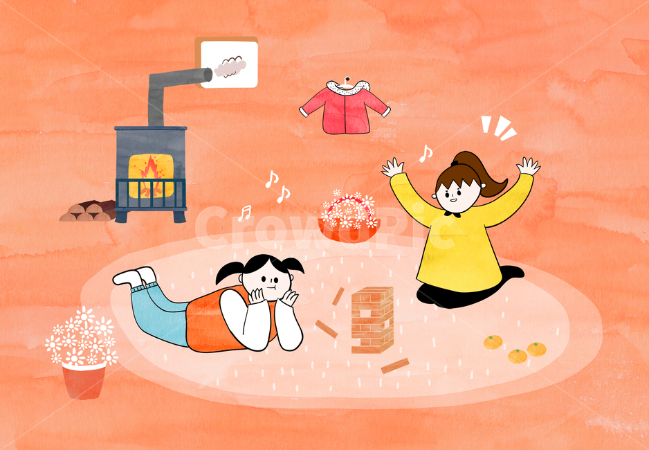 난로,꽃,여자,귤,밀감,화분,겨울,감성,겨울,계절,winter,season,그래픽,일러스트레이션,graphic,illustration