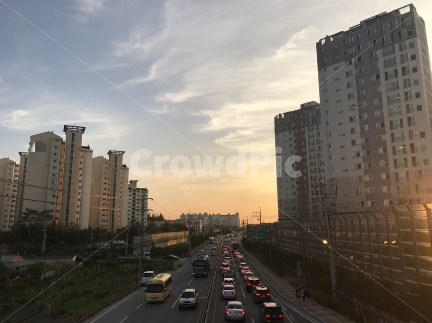도로,차,육교,하늘,아파트,저녁,노을