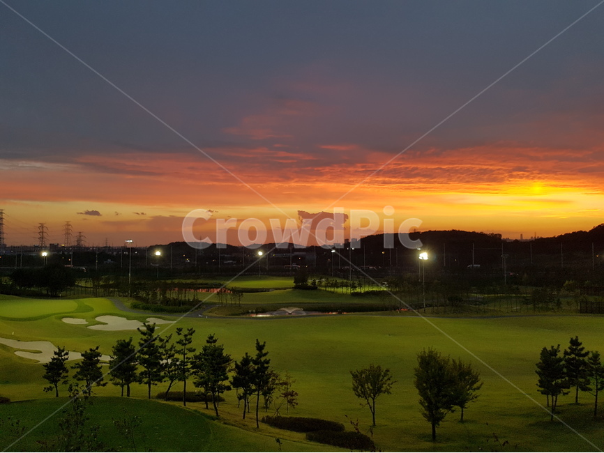 석양,골프장,조명,라이트,야간,자연,풍경,nature,landscape,야경,밤,nightscape,night,field,들,outdoors,옥외,golf course,골프 코스