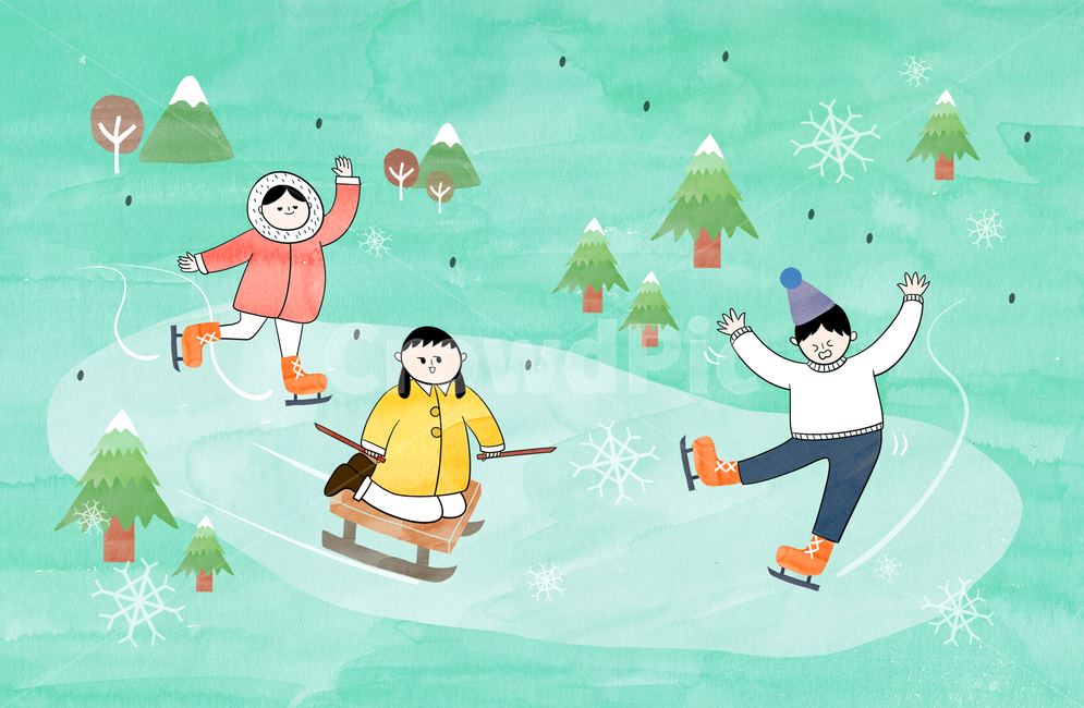 얼음판,썰매,스케이트,빙판,남자,여자,나무,겨울,감성,겨울,계절,winter,season,스포츠,레저,운동,sports,leisure,exercise,그래픽,일러스트레이션,graphic,illustration