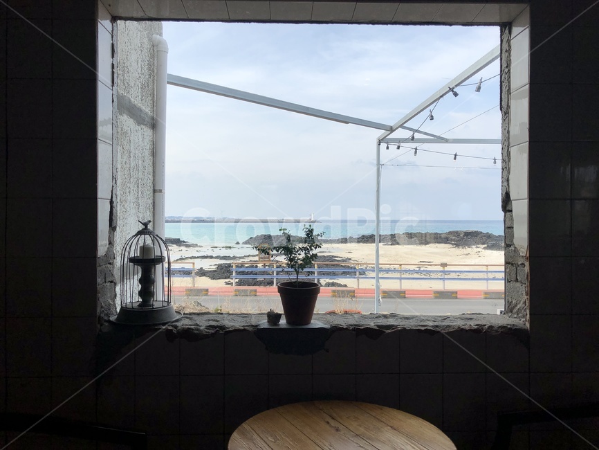 바다,모레,제주도,화분,테이블,창문,하늘,카페,제주,세화해변,제주바다