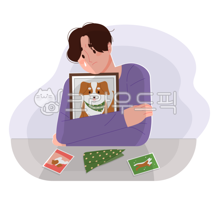 펫로스증후군,반려동물,죽음,일러스트,강아지,개,반려견,주인,사람,인물,캐릭터,그리워하는,그리운,추억,슬픈,눈물,사진,액자,껴안은,허그,안고있는,남자,남성,우울한,우울증,죽은,고통,이별,작별,png,컨셉,pet,펫,애완동물