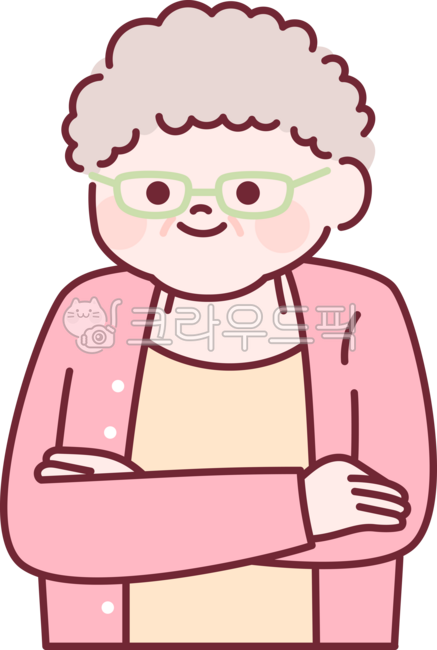외곽선,귀여운,심플,단순한,일러스트레이션,사람,노인,캐릭터,스타일,패션,정면,미소,파스텔,할머니,안경,팔짱