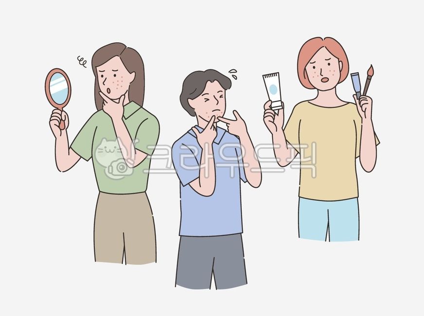 백그라운드,일러스트,배경,이벤트,시즌,팝업,캐릭터,배너,장식,디자인,그래픽,트러블,피부,걱정,거울,화장품,얼굴,궁금증,고민,스트레스