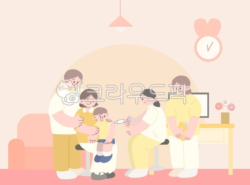 병원,메디컬,소아과,어린이,간호사,의사,의료,검사,진료,가족,예방접종,주사기,전등,시계,책상,컴퓨터,소파,남자,여자,남자아이,교수,엄마,일러스트,얼굴,표정,사탕,막대사탕