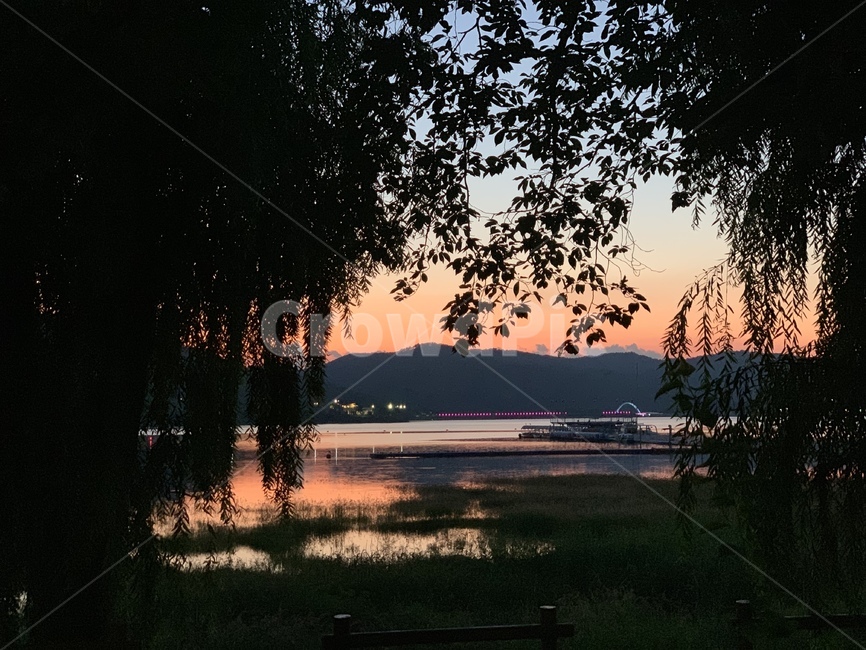 노을,나무,하늘,주황색,sunset,호수,자연