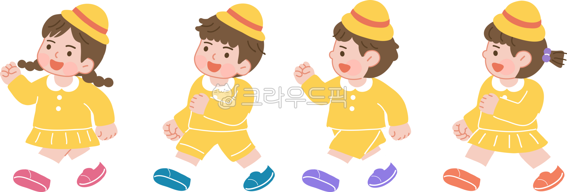 Kindergarten,kindergarten,walking,picnic,experiential learning,children,illustration,restoration,little ones,kindergarten students,children,character,graphic,girl,boy,yellow,kindergarten hat,group activity,event,event,walking illustrat