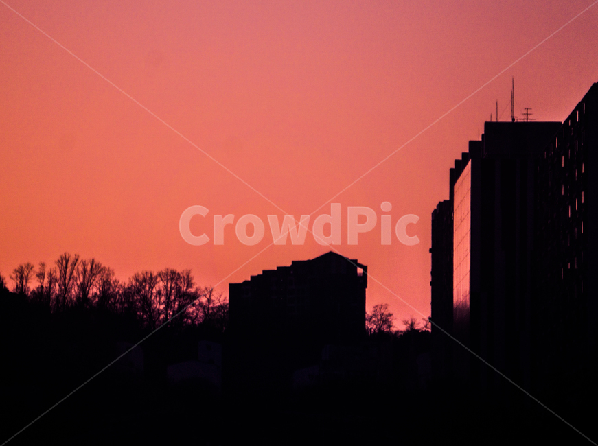 건물,역광,노을,석양,분홍,핑크,집,일몰,도시,풍경,city,landscape,실루엣,그림자,silhouette,shadow,nature,자연,outdoors,옥외,sky,하늘,dusk,황혼,red sky,붉은 하늘,dawn,새벽,sunset