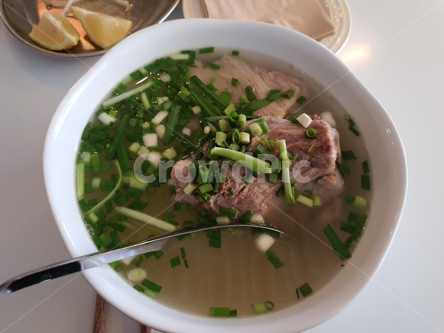 베트남,베트남쌀국수,쌀국수,국수,국물,파,고수,고기,돼지고기,돼지등뼈,맑은국,bowl,사발,dish,요리,meal,식사,식물,plant,음식,food,은색,은숟가락