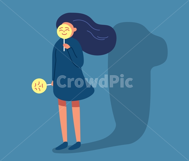우울한,감정,표정,억지,감정노동,우울증,슬픔,상황,삽화,일러스트,벡터,캐릭터,여자,블루,푸른,파란,그림자,심리,감정표현,기분,feeling,emotion,그래픽,일러스트레이션,graphic,illustration