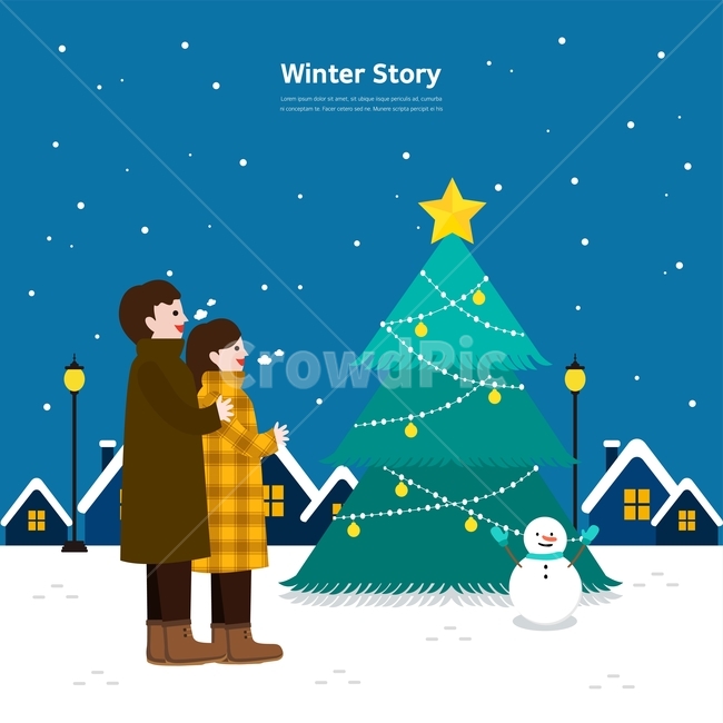 밤,크리스마스,트리,눈사람,가로등,별,커플,겨울,겨울,계절,winter,season,연인,커플,사랑,lover,couple,그래픽,일러스트레이션,graphic,illustration