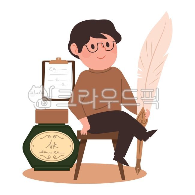 글작가,작가,글쓰기,카피라이터,직업,인물,깃펜,잉크펜,잉크병,안경,종이,원고,메모,의자,남자,남성,앉은,사람,벡터,캐릭터,일러스트,귀여운,job,프로,프리랜서,만년필