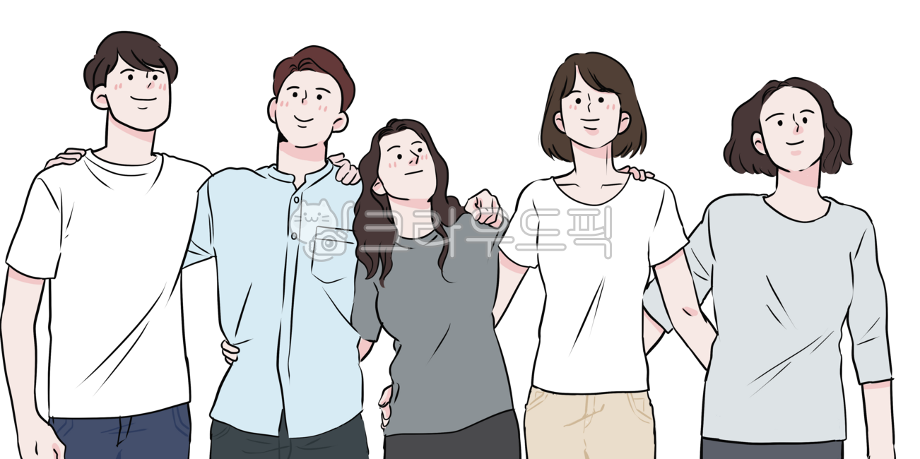 어깨동무,동료,동기,친구,젊은이,청춘,남자,여자,혼성,그룹,과제,협동,협치,우정,친한친구,베스트프렌드,절친,대학생,대학교,사회초년생,일러스트,사람일러스트,성인