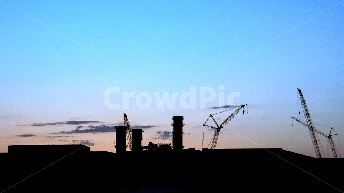 건설,현장,중장비,발전소,실루엣,굴뚝,여명,크레인,실루엣,그림자,silhouette,shadow,산업,industry,industrial