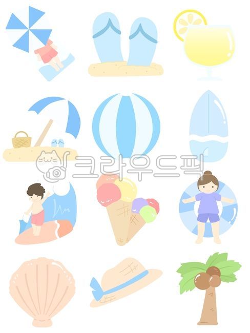 여름,여름아이콘,여름일러스트,휴가,여름휴가,summer,슬리퍼,쪼리,레몬,칵테일,파라솔,비치볼,서핑보드,서핑,파도타기,아이스크림,튜브,조개,가리비,모자,밀짚모자,야자수,나무