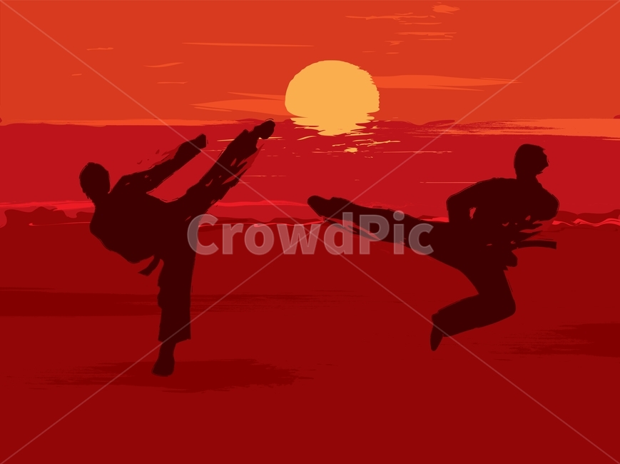 Martial Arts,game,gi,Character,shadow,sports,kick,ocean,person,background,sunset,silhouette,illustration,vector,man,Taekwondo,Taegeuk,fight