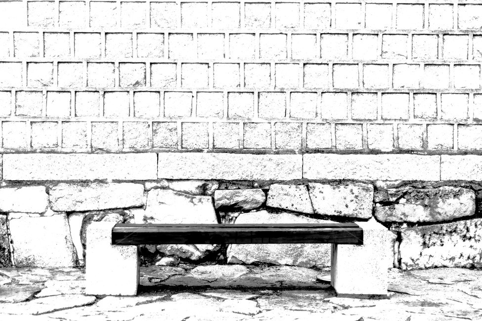 흑백,대비,벤치,담벼락,돌,흑백,모노톤,monochrome,black and white