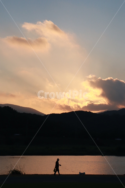 반려견,강아지,산책,강변,노을,인물실루엣,사람실루엣,character silhouette,human silhouette,nature,자연,human,인간,person,사람,outdoors,옥외,light,빛,flare,플레어