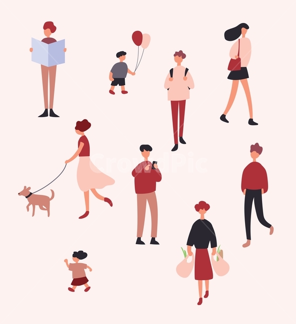 사람,군중,단체,함께,다같이,길거리,사람들,여러,산책,빈티지,어린이,인간,일러스트,손그림,벡터,디자인소스,캐릭터,핑크,분홍,그래픽,일러스트레이션,graphic,illustration