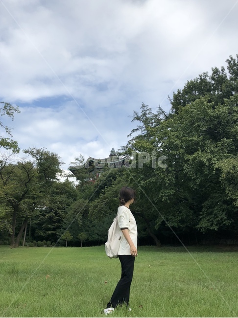어린이대공원,잔디,들판,잔디밭,풀,나무,인물,사람,여자,뒷모습,옆모습,하늘,구름,산책,나들이,일상,여성,여자,woman,female,lady