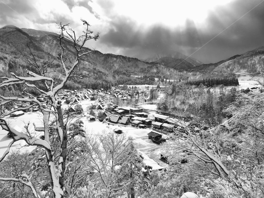 시라카와고,일본,풍경,겨울,눈,겨울,계절,winter,season,흑백,모노톤,monochrome,black and white