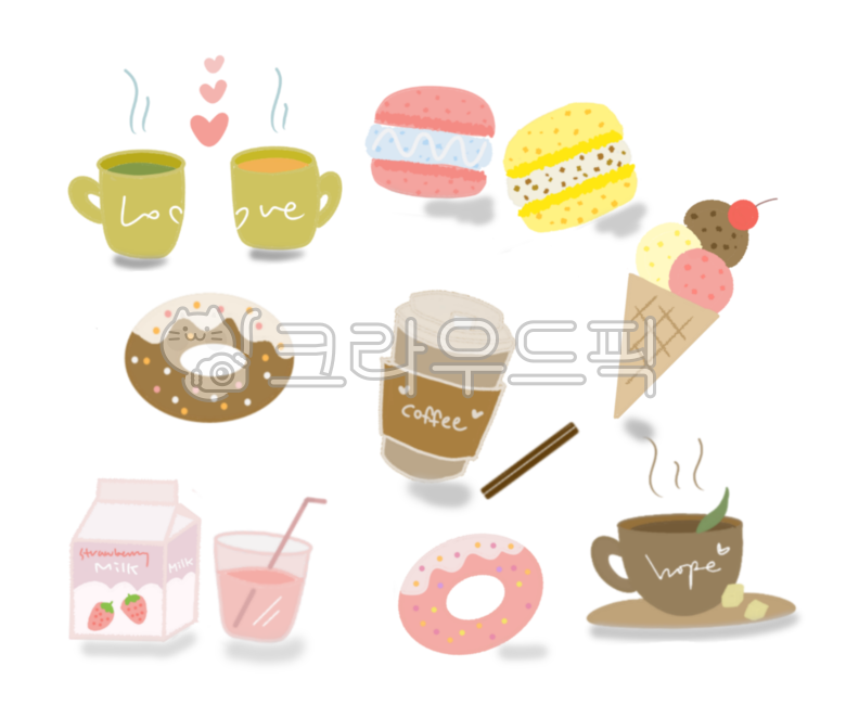 ice cream,coffee cup,Emotional image,macaroon,coffee,donut,milk,Emotion,interior