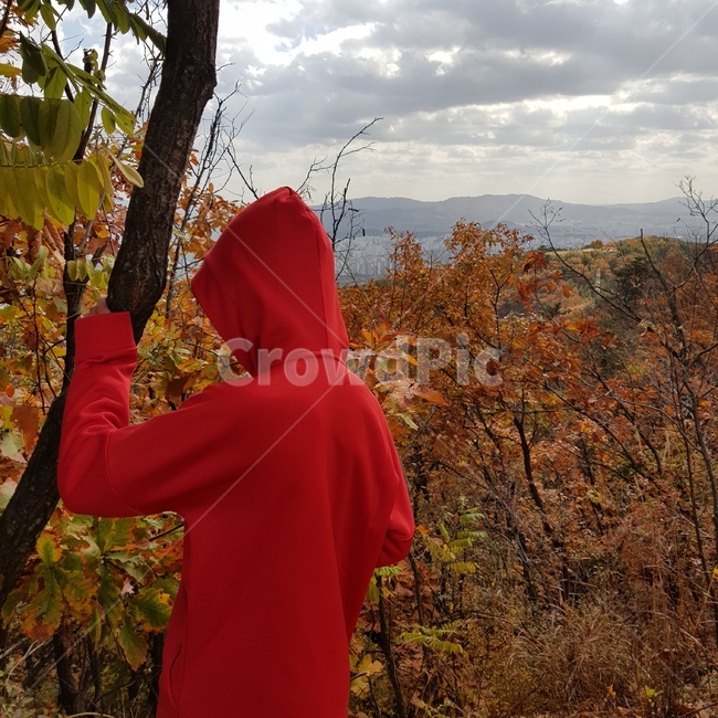 등산,산,가을,단풍,아이,어린이,hood,후드,의복,clothing,의류,빨강,빨간색,apparel,어두운하늘,하늘,땅