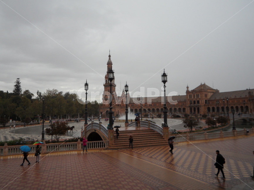 spain,rain,sevilla,Seville,building,Spain,rainy,square,Plaza,Plaza de Espaa,europe,architecture
