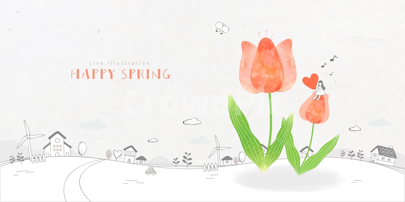 꽃,튤립,봄,마을,집,여자,소녀,하트,감성,백그라운드,배경,봄,계절,spring,season,꽃,flower,그래픽,일러스트레이션,graphic,illustration