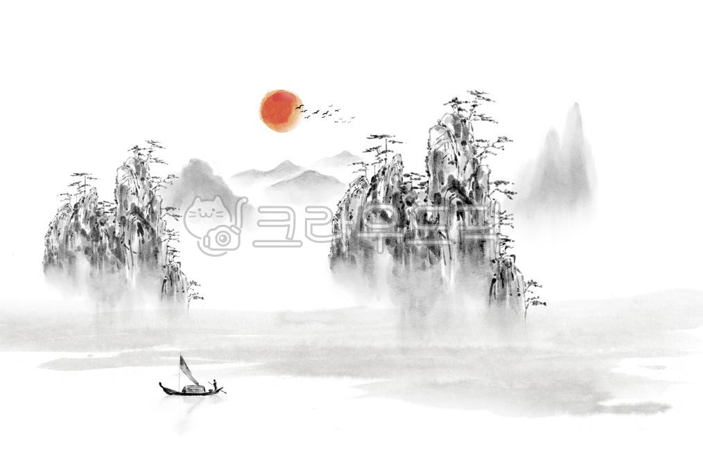 자연,바위산,동양화,수묵화,소나무,나무,수묵일러스트,산수화,산,안개,수묵,먹그림,먹그림일러스트,나룻배,새,새그림,나룻배그림,물,물안개,그림,드로잉