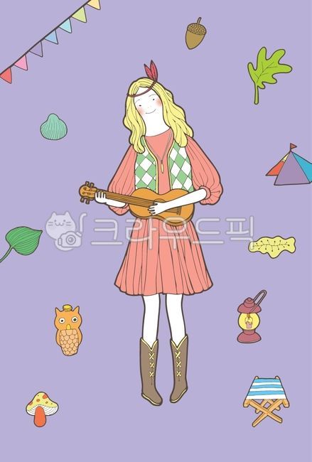 우쿨렐레,우쿨렐레소녀,보헤미안,보헤미안소녀,보헤미안스타일,가을일러스트,축제감성,음악소녀,귀여운일러스트,감성일러스트,금발머리,꽃머리띠,캠핑일러스트,야외공연,악기,음악,기타,평면일러스트,손그림스타일,캐릭터일러스트,낙엽,단풍색,깃발장식,텐트,버섯,부엉이,도토리,나뭇잎,가을소녀,여성캐릭터,자연과함께,낭만일러스트,그림일러스트,초가을무드,일러스트소품,나무의자,랜턴,초가을풍경,초대장디자인,감성그림