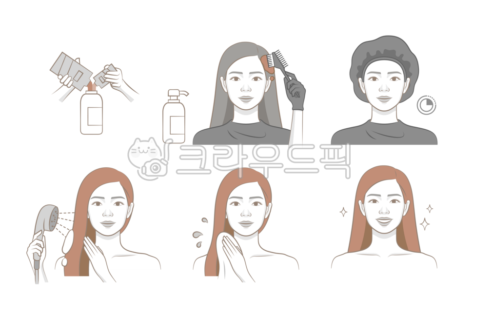 머리,머리카락,모발,염색,염색약,염색하는,셀프,셀프염색,도구,염색빗,빗,비닐캡,비닐,캡,비닐장갑,장갑,도포,바르는,색,머리색,색깔,틴트,미용,여자,여성,사람,인물,모델,얼굴,캐릭터,일러스트,라인,사용법,가이드,순서,단계,과정,루틴,흑백