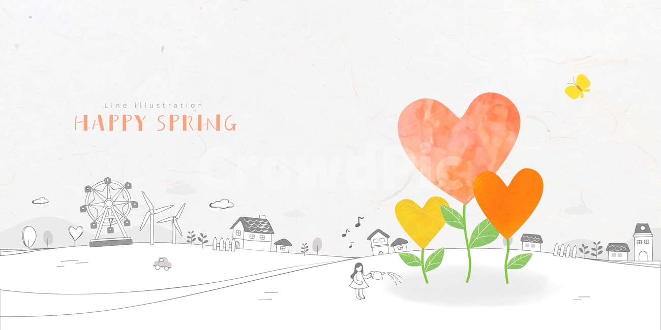 새싹,하트,여자,소녀,나비,봄,마을,집,감성,백그라운드,배경,봄,계절,spring,season,감정표현,기분,feeling,emotion,그래픽,일러스트레이션,graphic,illustration