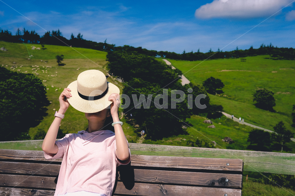 언덕,하늘,벤치,모자,의자,사람,인물,인간,human,person,여성,여자,woman,female,lady,여행,휴가,traveling,vacation,trip