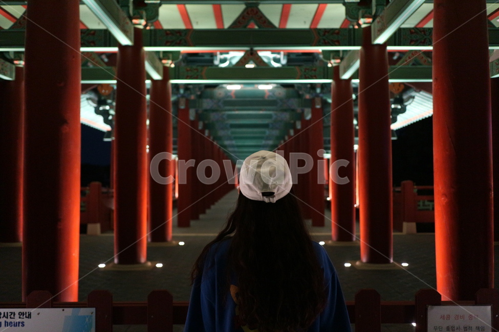 night view,back view,Korean woman,past,night,tileroofed house,koreanculture,herback,Korean culture,scenery,korean,Gyeongju,womans back,traditional,Woljeong Bridge,Hanok,nightscape,Korean tradition,woman wearing a hat