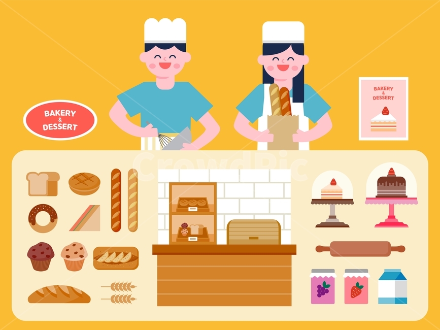 디자인,일러스트,벡터,백터,그래픽,쇼핑,교육,가게,상점,판매,웹디자인,직업,창업,귀여운,학습지,플랫,플렛,캐릭터,사람,남자,여자,아르바이트,직원,아이콘,단순한,세트,모음,베이킹,베이커리,빵,디저트,케이크,식빵,샌드위치,머핀,바게트,도넛,밀대,우유,쨈,빵,bread,그래픽,일러스트레이션,graphic,illustration